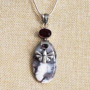 Garnet necklace, 925 silver dendrite opal garnet butterfly bee pendant necklace